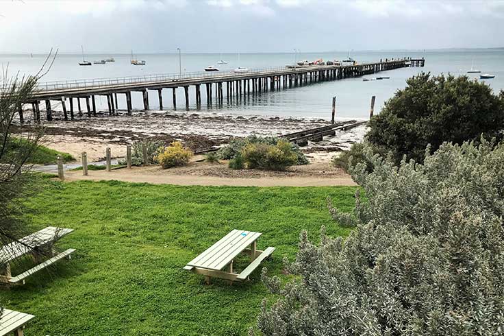 Picnic area with the view of the sea and bridge