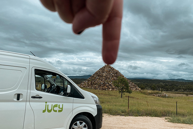 JUCY campervan in front of Ballandean Pyramid